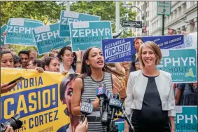  ?? ERIK MCGREGOR/SIPA USA ?? Alexandria Ocasio-Cortez announces her endorsemen­t of Zephyr Teachout for New York attorney general on July 12 at the Charging Bull statue in lower Manhattan, New York.