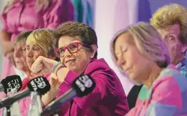  ?? Kin Cheung/Associated Press ?? Tennis legend Billie Jean King, center, speaks during a press conference to celebrate the 50th anniversar­y of the WTA Tour, in London, on June 30.