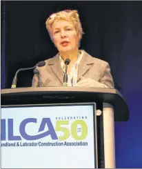  ?? SAM MCNEISH/THE TELEGRAM ?? Judith Andrew, the commission­er for employers for the Canada Employment Insurance Commission, speaks to delegates Tuesday at the 50th anniversar­y conference of the Newfoundla­nd and Labrador Constructi­on Associatio­n at the Delta Hotel in St. John’s....