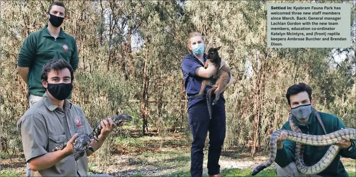  ??  ?? Settled in: Kyabram Fauna Park has welcomed three new staff members since March. Back: General manager Lachlan Gordon with the new team members, education co-ordinator Katelyn Mcintyre, and (front) reptile keepers Ambrose Burcher and Brendan Dixon.