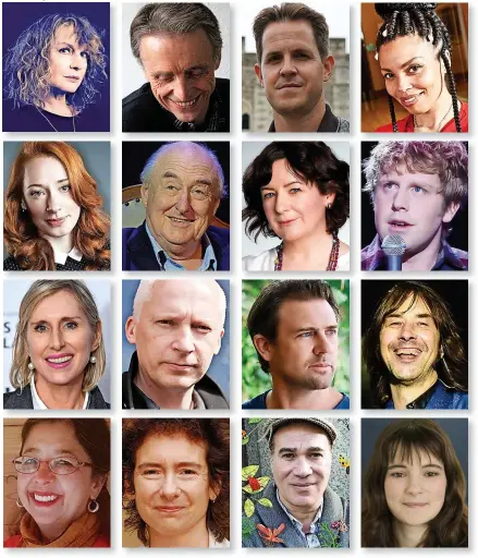  ?? ?? The Hay Winter Weekend line-up includes, from top, left to right: Catrin Kean, Christophe­r Meredith, Dan Jones, Emma Dabiri, Hannah Fry, Henry Blofeld, Jane Garvey, Josh Widdecombe, Lauren Child, Marcus du Sautoy, Owen Sheers, Bobby Gillespie, Anity Roy, Jeanette Winterson, Yuval Zommer and Sally Nicholls