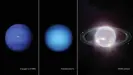  ?? Photograph: AP ?? Side-by-side photos of Neptune taken by Voyager 2 in 1989, Hubble in 2021 and Webb in 2022.