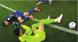  ?? — AFP ?? That hurts: united states’ christian Pulisic (top) grimacing with pain after colliding with Iran’s alireza beiranvand.