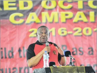  ?? PICTURE: ITUMELENG ENGLISH ?? CROSSROADS: SACP general secretary Blade Nzimande speaking during a Red October Campaign rally at Saul Tsotetsi sports complex in Sebokeng, in southern Gauteng.