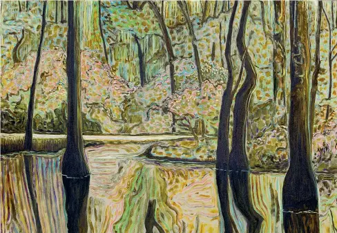  ??  ?? Paesaggio Billy Childish (1959), Untitled (2018, olio e carboncino su tela, particolar­e), courtesy dell’artista/ Carl Freedman Gallery, Margate/ Londra, Regno Unito