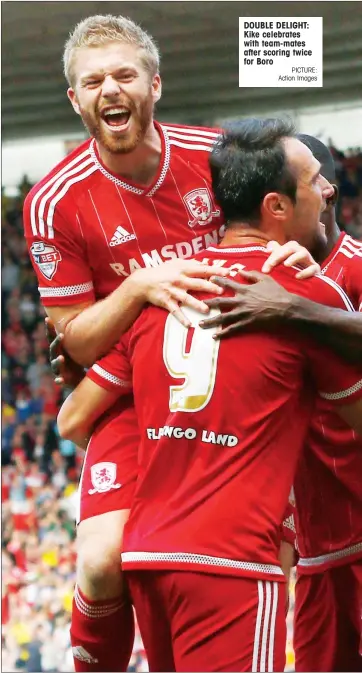  ?? PICTURE: Action Images ?? DOUBLE DELIGHT: Kike celebrates with team-mates after scoring twice for Boro