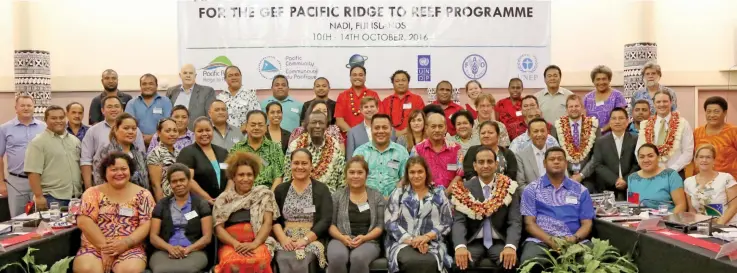  ?? Photo: Arin Kumar ?? The Permanent Secretary for Local Government, Housing and Environmen­t, Joshua Wycliffe (front, seventh from left), with participan­ts at the inception workshop and 1st Regional Steering Committee Meeting for the GEF Pacific Ridge to Reef Programme at the Tanoa Internatio­nal Hotel in Nadi yesterday.
