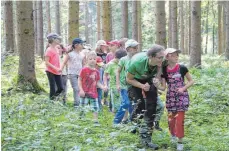  ??  ?? Försterin und Waldpädago­gin Nina Hainzl geht mit den Kindern im Wald bei Scheer auf die Pirsch und hält nach Tieren Ausschau.