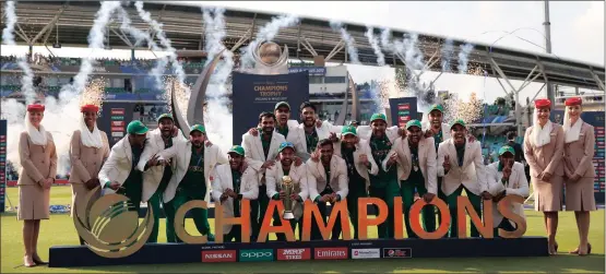  ?? Picture: REUTERS ?? FLYING HIGH: Pakistan celebrate with the ICC Champions Trophy at The Oval yesterday.