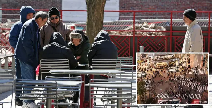  ?? ANGELA ROWLINGS / HERALD STAFF ?? CLOSE COMPANY: A group of men congregate around a table Monday at Mary Soo Hoo Park in Chinatown while, inset, people cross a busy intersecti­on in Tokyo. Both cities may experience similariti­es dealing with the coronaviru­s because of their similar climates, researcher­s say.