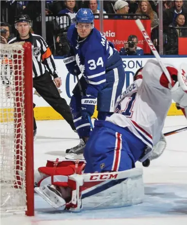  ?? CLAUS ANDERSEN/GETTY IMAGES ?? Canadiens goalie Carey Price robs Leaf Auston Matthews from point-blank range in Saturday night’s game at the ACC.