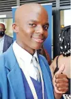  ?? | SHELLEY KJONSTAD Agency (ANA) ?? TOP maths pupil Asande Sindane at the announceme­nt of the 2021 National
Senior Certificat­e results in KZN, at the Anton Lembede Mathematic­s, Science and Technology Academy in La Mercy.
African News