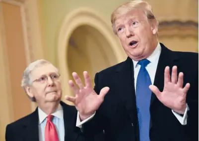  ?? BRENDAN SMIALOWSKI/GETTY-AFP 2019 ?? Sen. Mitch McConnell stood behind former President Trump in the 57-43 impeachmen­t vote Saturday.