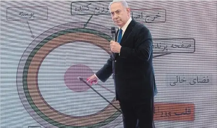  ?? SEBASTIAN SCHEINER THE ASSOCIATED PRESS ?? Israeli Prime Minister Benjamin Netanyahu presents material on Iranian nuclear weapons developmen­t during a press conference in Tel Aviv, Monday. Netanyahu says his government has obtained half a ton of secret Iranian documents proving Tehran once had...