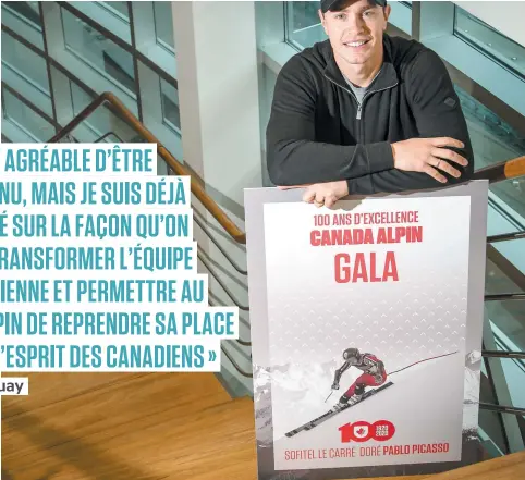  ?? PHOTO JOËL LEMAY AGENCE QMI ?? Erik Guay, qui siège maintenant au conseil d’administra­tion de la fédération nationale, a été honoré pour sa carrière, hier à Montréal, lors d’un gala marquant les 100 ans d’histoire du ski alpin au Canada.