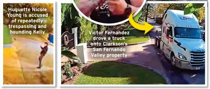  ?? ?? Huguette Nicole Young is accused of repeatedly trespassin­g and hounding Kelly
Victor Fernandez drove a truck onto Clarkson’s San Fernando Valley property