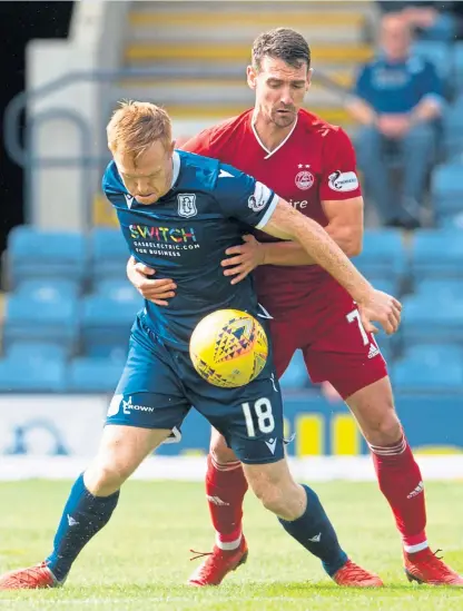  ?? Pictures: SNS Group. ?? Clockwise, from above: Dundee’s Danny Johnson battles with Aberdeen’s Craig Bryson during Sunday’s Betfred Cup tie at Dens; Dunfermlin­e’s Andy Ryan is consoled by Jonny Hayes and Nir Bitton after the Pars ran Celtic close; Tommy Wright, who believes a “big black cloud” over St Johnstone has lifted.