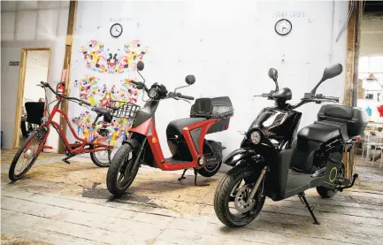  ?? Photos by Liz Hafalia / The Chronicle ?? An array of Scoot’s vehicles is parked at the electric mobility company’s office/garage in San Francisco’s South of Market.