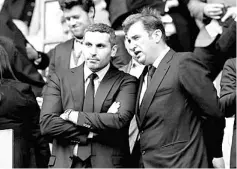  ??  ?? Manchester City chairman Khaldoon Al Mubarak (left) with CEO Ferran Soriano in the stands during a Premier League match at the Etihad Stadium, Manchester, Britain.