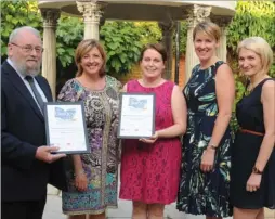  ??  ?? Maidstone winners share success with key partners Sarah Leipnik of Golding Homes and Stuart Smith of the KM Charity Team at the Kent Literacy Awards staged at Hempstead House Hotel & Spa, Bapchild, Sittingbou­rne