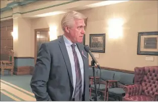  ?? ASHLEY FITZPATRIC­K/THE TELEGRAM ?? Outside of the House of Assembly on Monday afternoon, Premier Dwight Ball offers an update on the latest in the response to new U.S. tariffs on uncoated groundwood paper products made in Canada, including at the mill in Corner Brook.