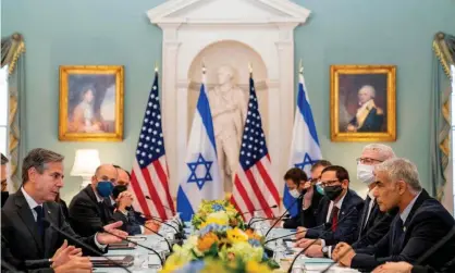  ?? Photograph: Andrew Harnik/AFP/ Getty Images ?? The US secretary of state, Antony Blinken, in discussion­s with the Israeli foreign minister, Yair Lapid.