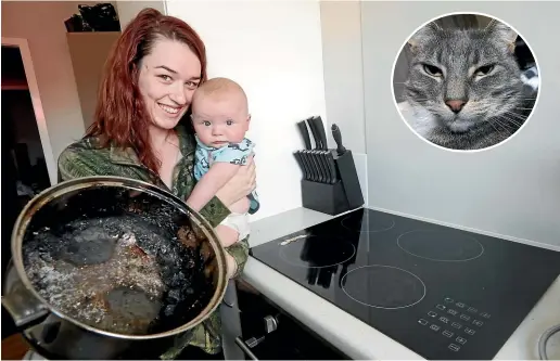  ?? MARTIN DE RUYTER/STUFF ?? Tayla Smart – with son Braxton McGuckin – holds the pot and burnt food remains which filled their home with smoke after the family’s feline turned on a touch-controlled stove top. Inset: Steve the cat has been staying out of the way since the drama.