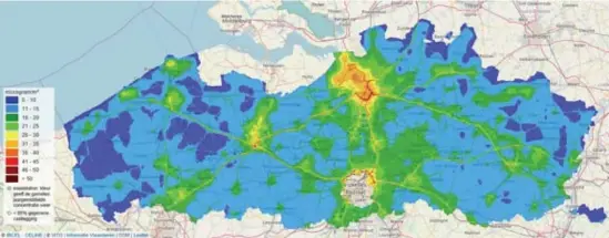  ?? © ircel ?? Het computermo­del van VMM en Vito waarop te zien is dat overal in Vlaanderen de Europese normen voor NO2 worden overschred­en.