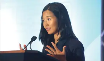  ?? STUART CAHILL / BOSTON HERALD ?? RENOVATION: Mayor Michelle Wu speaks at the NACTO 2022 event at the Hynes Convention Center on Wednesday.
