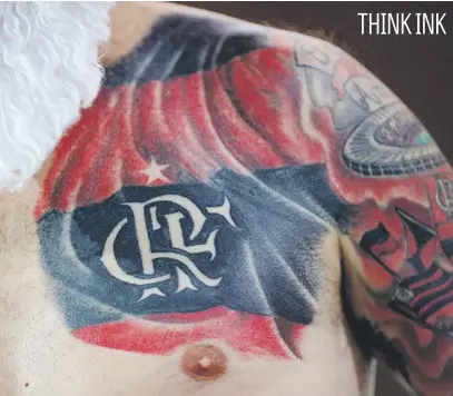  ?? Picture: Getty Images ?? A Flamengo fan shows off his impressive tattoos before a match between Flamengo and Corinthian­s in the semifinals of the Copa do Brasil at Maracana Stadium in Rio de Janeiro this week.