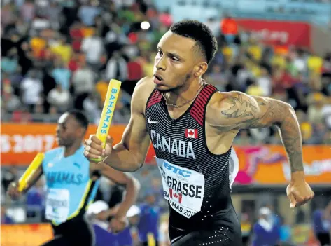  ?? MATTHEW LEWIS/GETTY IMAGES/FOR IAAF ?? Andre De Grasse competes in the men’s 4x200 metres relay final on Sunday in Nassau, Bahamas.