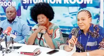  ?? ?? From left: Governance Manager, Actionaid Nigeria, Mr Celestine Okwudili; Convener, Situation Room, Ms Ene Obi and Coordinato­r Secretaria­t Mrs Agianpe Onyema during the press conference on the state of Nation’s politics in Abuja weekend