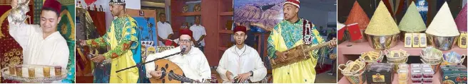  ??  ?? Musicians playing exotic Moroccan music Moroccan tea Moroccan delicacy