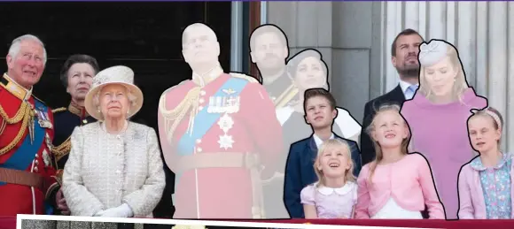  ??  ?? How the balcony has changed: From left, the core royals William, Kate and family, Camilla, Charles, Anne, the Queen with (now all fading out) Andrew, Harry, Meghan and Autumn Phillips plus Peter Phillips and children last June