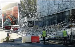  ??  ?? ■ ‘DOMINO EFFECT’: The collapsed scaffoldin­g and (inset) Guy Beggs and son Lennon