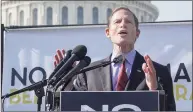  ?? Jemal Countess / Getty Images for Care In Action ?? U. S. Sen. Richard Blumenthal speaks during a protest at the U. S. Capitol on Oct. 22 in Washington, D. C.