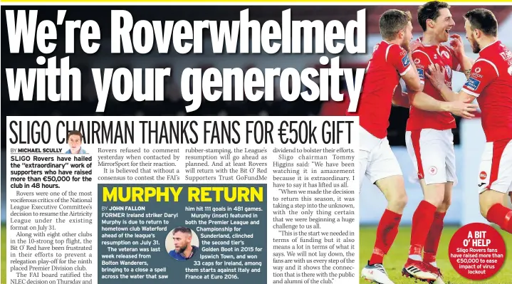  ??  ?? A BIT O’ HELP
Sligo Rovers fans have raised more than €50,000 to ease impact of virus
lockout