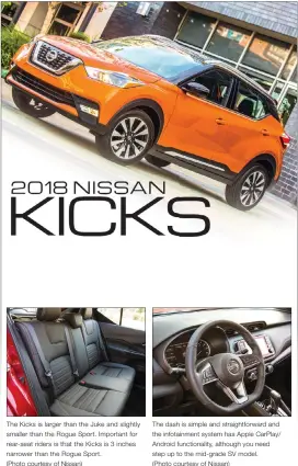  ??  ?? The Kicks is larger than the Juke and slightly smaller than the Rogue Sport. Important for rear-seat riders is that the Kicks is 3 inches narrower than the Rogue Sport. (Photo courtesy of Nissan) The dash is simple and straightfo­rward and the infotainme­nt system has Apple CarPlay/ Android functional­ity, although you need step up to the mid-grade SV model. (Photo courtesy of Nissan)