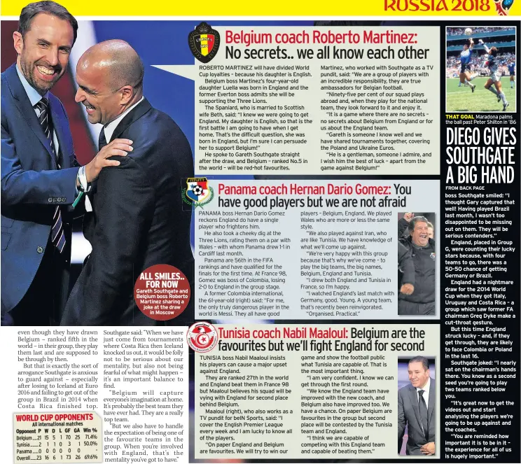  ??  ?? ALL SMILES.. FOR NOW Gareth Southgate and Belgium boss Roberto Martinez sharing a joke at the draw in Moscow ROBERTO MARTINEZ will have divided World Cup loyalties – because his daughter is English.
Belgium boss Martinez’s four-year-old daughter...