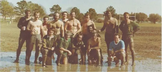  ?? ?? Grassroots rugby is played in all conditions; Geoff J Cooper (front row, second from left) was always happy to run out, no matter what they were.
