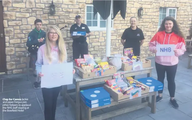  ??  ?? Clap for Carers Jackie and piper Fergus join other helpers to applaud the NHS staff staying at the Bowfield Hotel