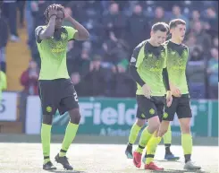  ??  ?? PARADISE LOST Boyata, McGregor and Christie are left stunned by late defeat as Celts boss Rodgers leads his gutted troops off at full-time, below