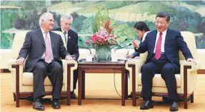  ??  ?? Tillerson meets Chinese President Xi Jinping at the Great Hall of the People in Beijing on Saturday.
