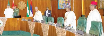  ?? PHOTO: NAN ?? From left: President Muhammadu Buhari; Chairman, Nigerian Governor Forum/Governor of Kebbi State, Atiku Bagudu; Chairman, Progressiv­e Governors Forum, Simeon Lalung of Plateau and Gov Dave Umeahi of Ebonyi during a meeting of the President with APC Governors at the Presidenti­al Villa in Abuja on Friday