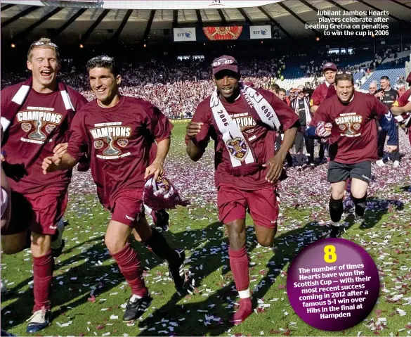  ?? ?? Jubilant Jambos: Hearts players celebrate after beating Gretna on penalties to win the cup in 2006