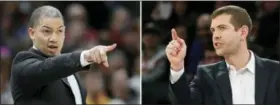  ?? FILE — THE ASSOCIATED PRESS ?? At left, in a file photo, Cleveland Cavaliers head coach Tyronn Lue yells instructio­ns to players in the first half of an NBA basketball game against the Denver Nuggets, in Cleveland. At right, in a file photo, Boston Celtics coach Brad Stevens...