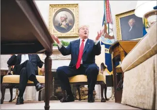  ?? DOUG MILLS / THE NEW YORK TIMES ?? President Donald Trump makes remarks about the news of the pending retirement of Justice Anthony Kennedy during a meeting Wednesday in the Oval Office. Kennedy’s retirement gives Trump the opportunit­y to help create a solid five-member conservati­ve...