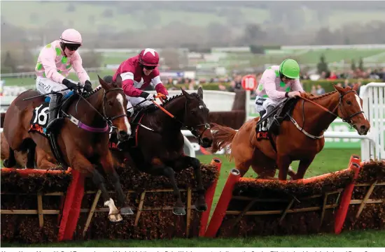  ?? PA ?? Vroum Vroom Mag, with Paul Townend up, and Limini (right), under Ruby Walsh, come to challenge the Gordon Elliott-trained Apple’s Jade and Bryan Cooper at the final flight in yesterday’s OLBG Mares’ Hurdle, but it was the latter – formerly trained by...