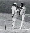  ??  ?? Michael Holding kicks the stumps out of the ground in Dunedin in 1980. John Parker is the disinteres­ted New Zealand batsman.