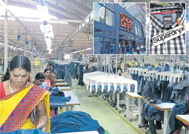  ??  ?? Superdry garments which carry the brand’s characteri­stic logo are checked in India by workers before despatch to more than 500 stores including in New York, top
